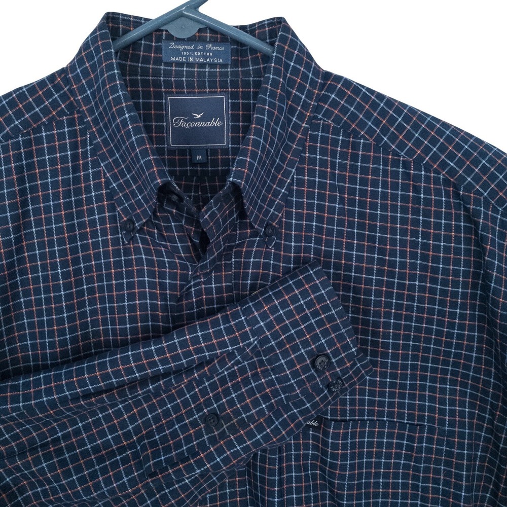 Faconnable Button Down Shirt Mens Medium Blue Orange Windowpane Check Cotton